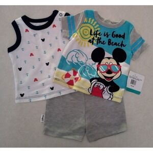 Disney Baby Size 0/3M Mickey Mouse 3 PC Life Is Good At The Beach Short Set NWT